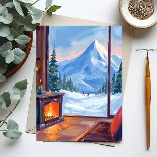 Skiuitstap   Waterverf Winter Berg Lodge Briefkaart