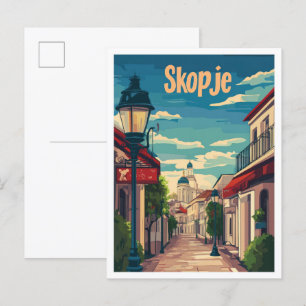 Skopje Noord-Macedonië Vintage reisillustratie Briefkaart