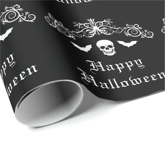Skull and Bats Silhouette Happy Halloween Zwart Cadeaupapier (Rol Hoek)