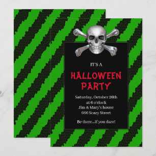 Skull and Crossbones Green Stripe Halloween Party Kaart