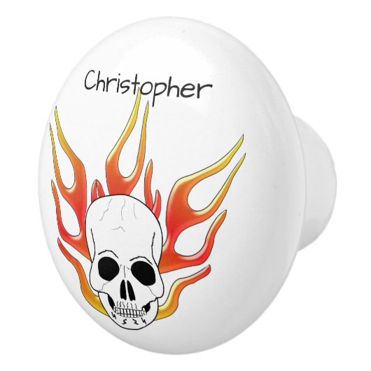 Skull And Flames Design Personalised Keramische Knop (Rechts)