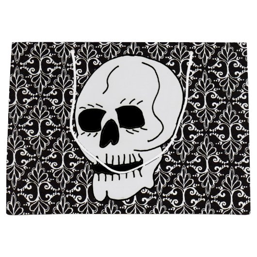 Skull Black White Damask Scroll Large Cadeauzakje (Voorkant)
