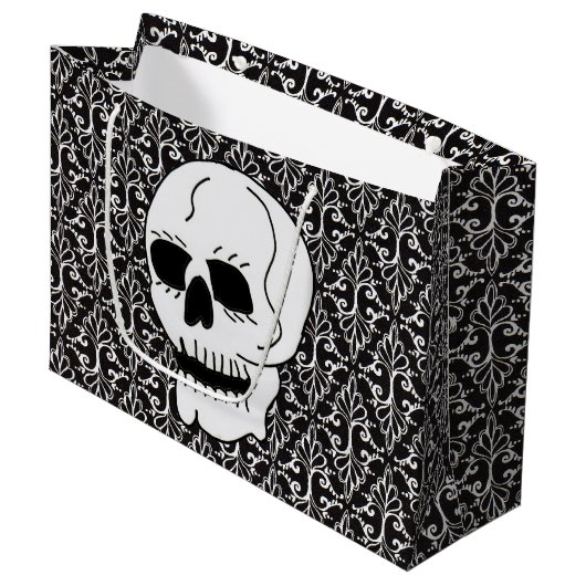 Skull Black White Damask Scroll Large Cadeauzakje (Voorkant Gekanteld)
