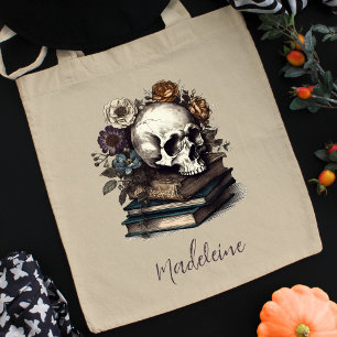 Skull Books Dark Academia Halloween Tote Bag