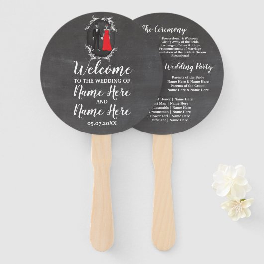 Skull bruiloft programma Skeletten krijt rood Handwaaier (Voorkant en achterkant)