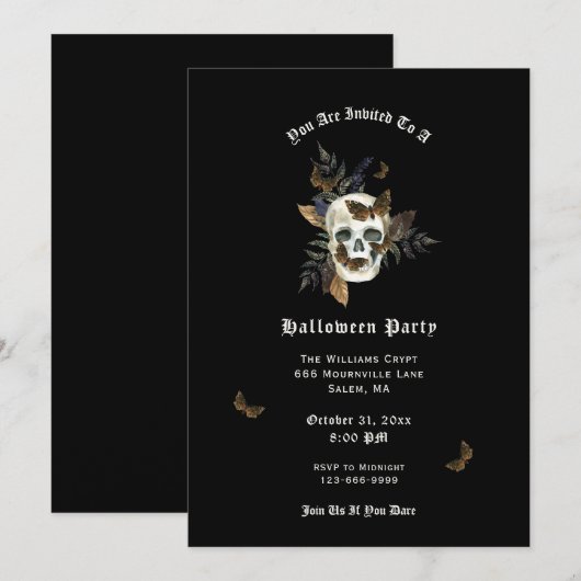 Skull Butterfly Halloween Party Invitation Kaart (Voorkant / Achterkant)