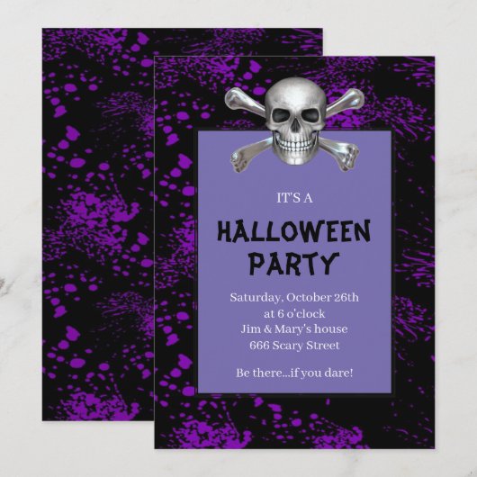 Skull Crossbones Paars Splattered Halloween Party Kaart (Voorkant / Achterkant)