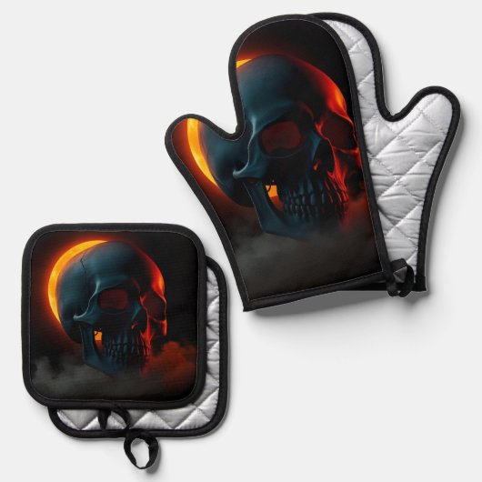 Skull Eclipse Halloween Oven Mitt Set (Voorkant / Achterkant)