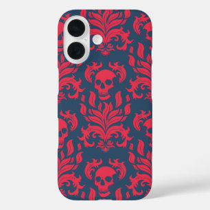 Skull Flame Damask in botsend rood op blauw iPhone 16 Hoesje