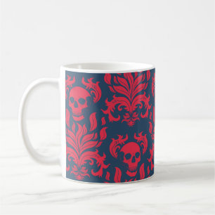 Skull Flame Damask in botsend rood op blauw Koffiemok