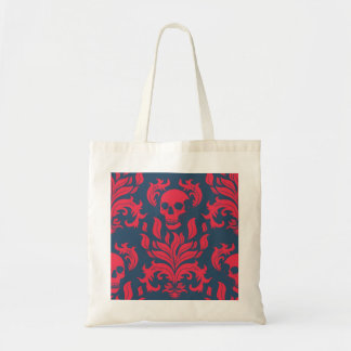 Skull Flame Damask in botsend rood op blauw Tote Bag