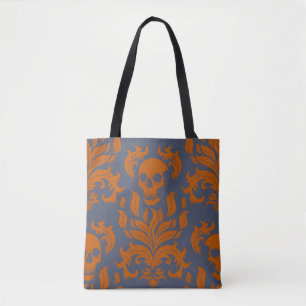 Skull Flame Damask in botsend sinaasappel op blauw Draagtas