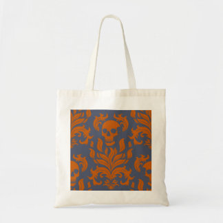 Skull Flame Damask in botsend sinaasappel op blauw Tote Bag