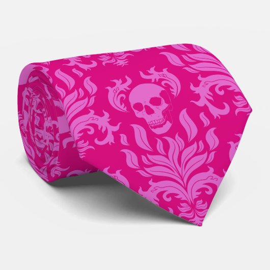 Skull Flame Damask in bubblegum roze op hot pink Stropdas (Opgerold)