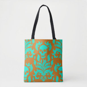 Skull Flame Damask in giftig groen op sinaasappel Draagtas