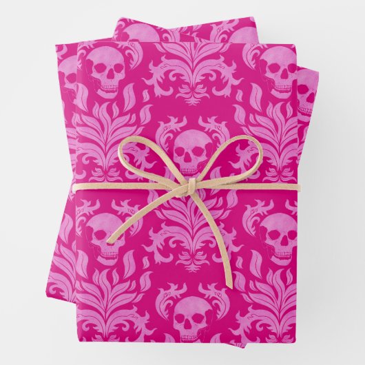 Skull Flame Damask in glitter-effect roze op roze Inpakpapier Vel (In situ)