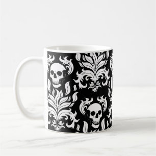 Skull Flame Damask in grimmig wit op zwart Koffiemok