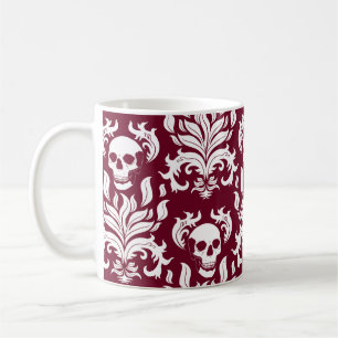 Skull Flame Damask in helder wit op diep rood Koffiemok
