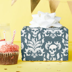 Skull Flame Damask in helder wit op leisteen blauw Cadeaupapier