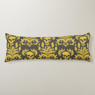Skull Flame Damask in humeurig geel op donkergrijs Lichaamskussen