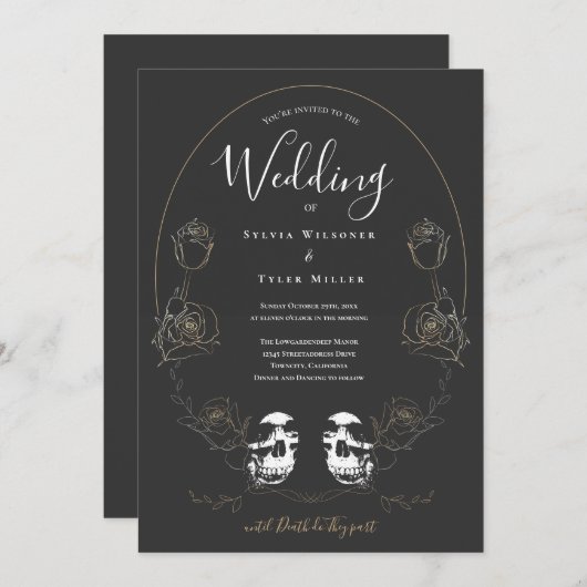 Skull Floral Gray Gothic Wedding Kaart (Voorkant / Achterkant)