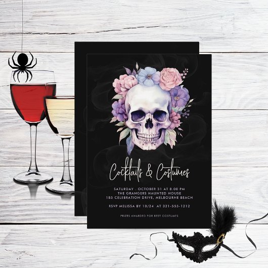 Skull & Floral Halloween Cocktails Kostuums Party Kaart