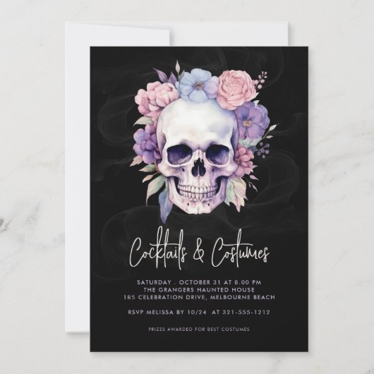 Skull & Floral Halloween Cocktails Kostuums Party Kaart (Voorkant)