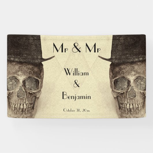 Skull Gay Mr. en Mr. Retro Sepia Wedding Spandoek (Horizontaal)