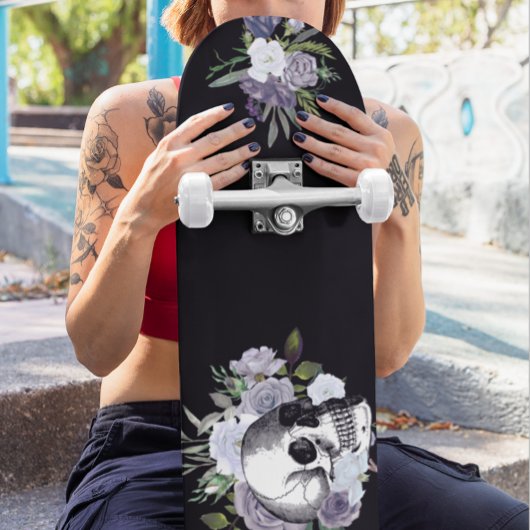 Skull Goth Black White Floral Flower Skateboard
