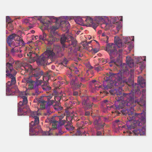Skull Head Gothic  Style Roze Paarse kunst Inpakpapier Vel