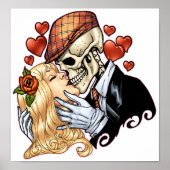 Skull Kiss met hart en Rozen van Al Rio Poster (Voorkant)