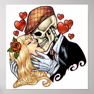 Skull Kiss met hart en Rozen van Al Rio Poster