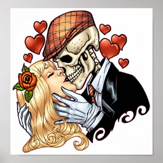 Skull Kiss met hart en Rozen van Al Rio Poster (Voorkant)