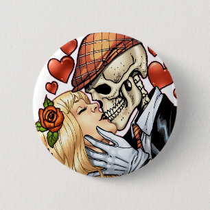 Skull Kiss met hart en Rozen van Al Rio Ronde Button 5,7 Cm