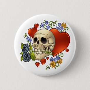 Skull Love - Skulls, Rozen and Hearts by Al Rio Ronde Button 5,7 Cm
