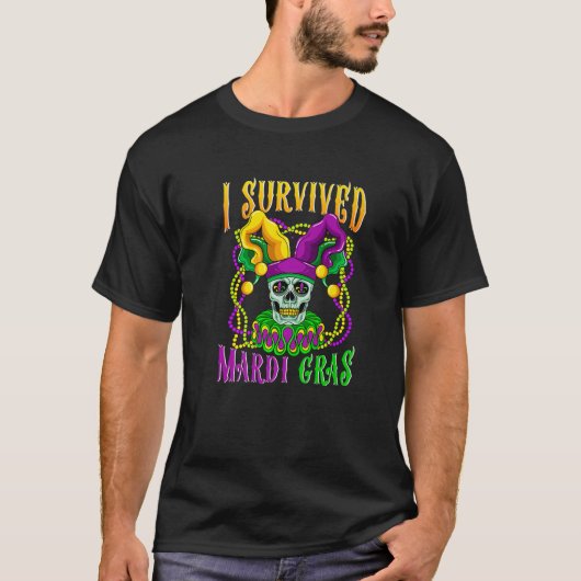 Skull Mardi Gras Jester Pet Skeleton I Survived Ma T-shirt (Voorkant)