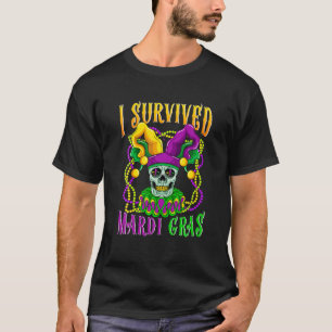 Skull Mardi Gras Jester Pet Skeleton I Survived Ma T-shirt
