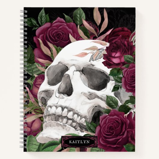 Skull Rozen Burgundy Black, gepersonaliseerd Notitieboek (Voorkant)