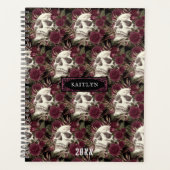 Skull Rozen Burgundy Black Pattern, gepersonalisee Planner (Voorkant)