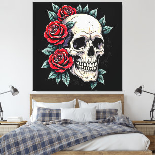 Skull Rozen Tattoo Art Canvas Afdruk