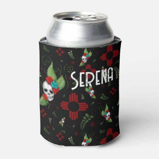 Skull Rozen Zia Sun Greenery Zwart Nieuw Mexico Blikjeskoeler (Blikje Voorkant)