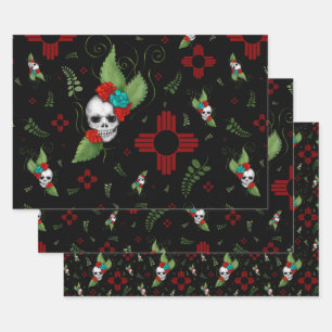 Skull Rozen Zia Sun Greenery Zwart Nieuw Mexico Inpakpapier Vel