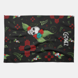 Skull Rozen Zia Sun Greenery Zwart Nieuw Mexico Theedoek