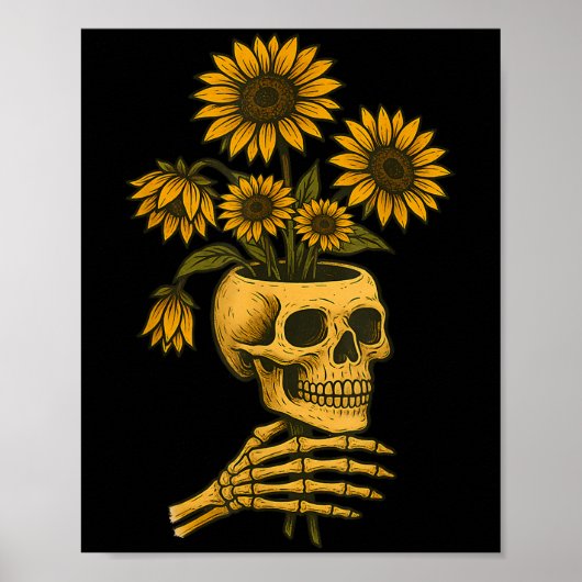 Skull Sunflowers Gothic Goth Creepy Cute Floral Poster (Voorkant)