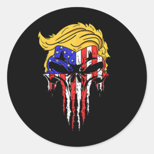 Skull USA Flag Hair Funny President Gift Ronde Sticker