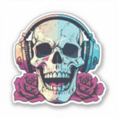 Skull Wearing Hoofdtelefoon met Rozen Waterdicht Sticker (Voorkant)