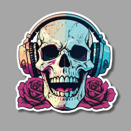 Skull Wearing Hoofdtelefoon met Rozen Waterdicht Sticker