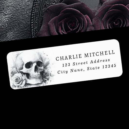 Skull with roses Halloween return address Etiket