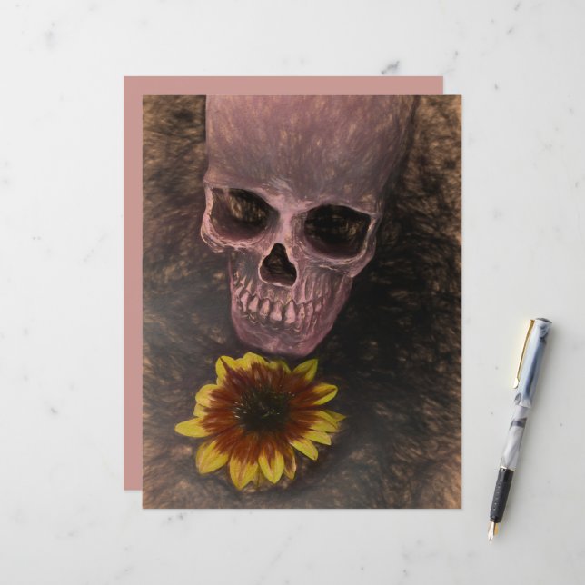 Skull Yellow Sunflower Gothic  Sepia Sketch (Voorkant / Achterkant in situ)