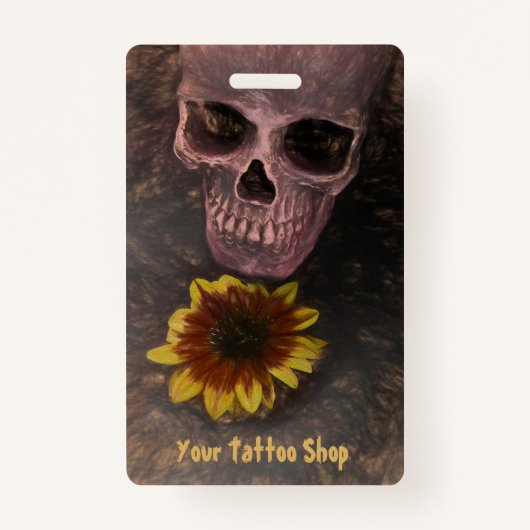 Skull Yellow Sunflower Gothic  Sepia Sketch Badge (Voorkant)
